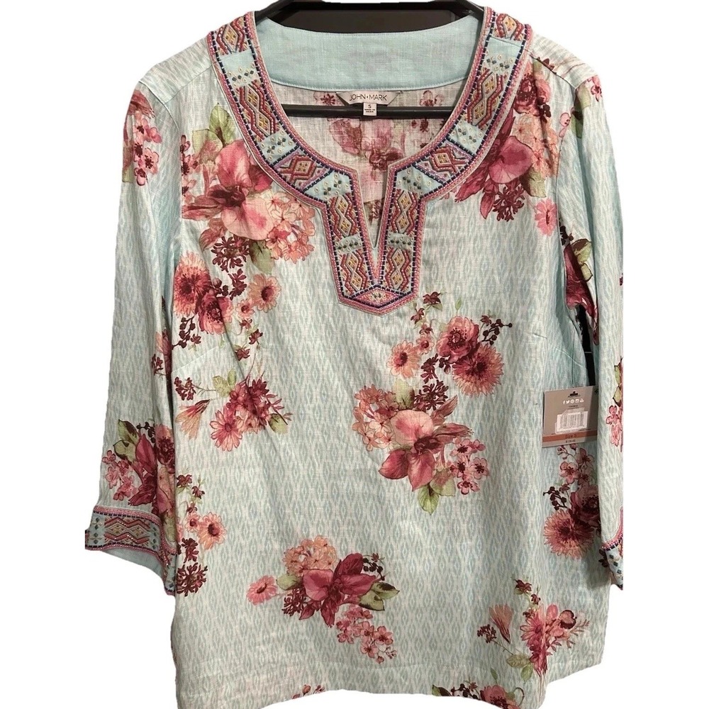 New John Mark Embroidered Tunic Top Small Light Blue Floral Linen Beaded $139